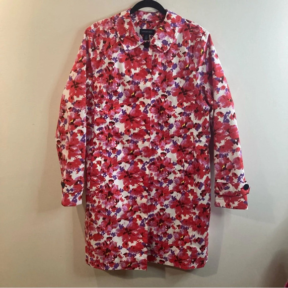 LANDS’ END Sz L Floral Buttoned Pockets Lined Knee  Length Raincoat Trenchcoat - Picture 3 of 14